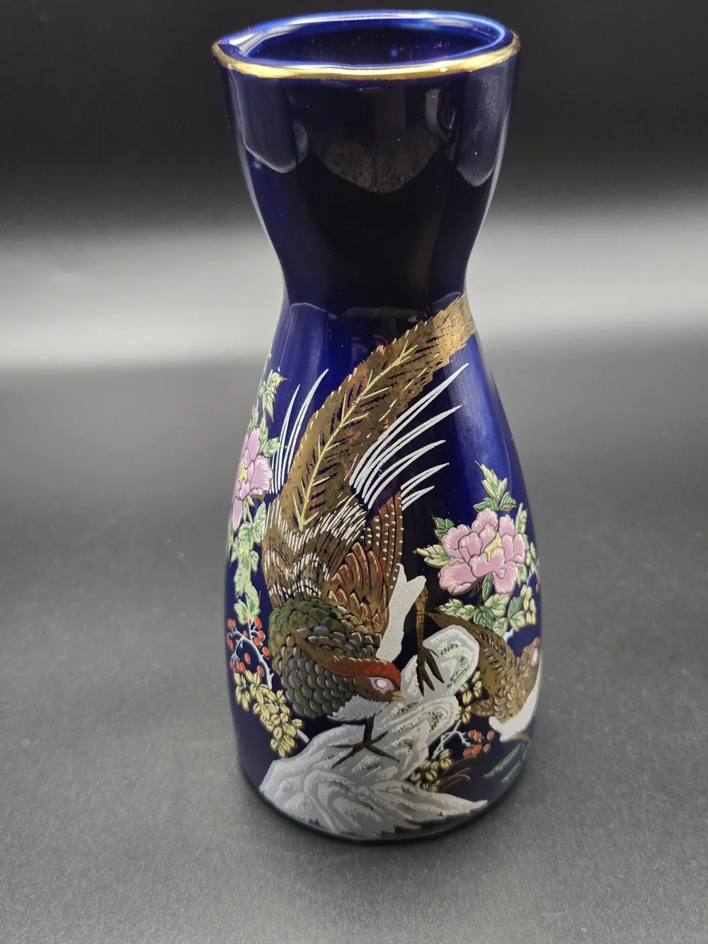 Vintage Japanese Porcelain Cobalt Blue Peacock Design Sake Bottle